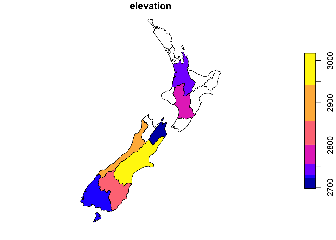Map of New Zealand showing average elevation by region using a color scale from 2700 to 3000 meters.