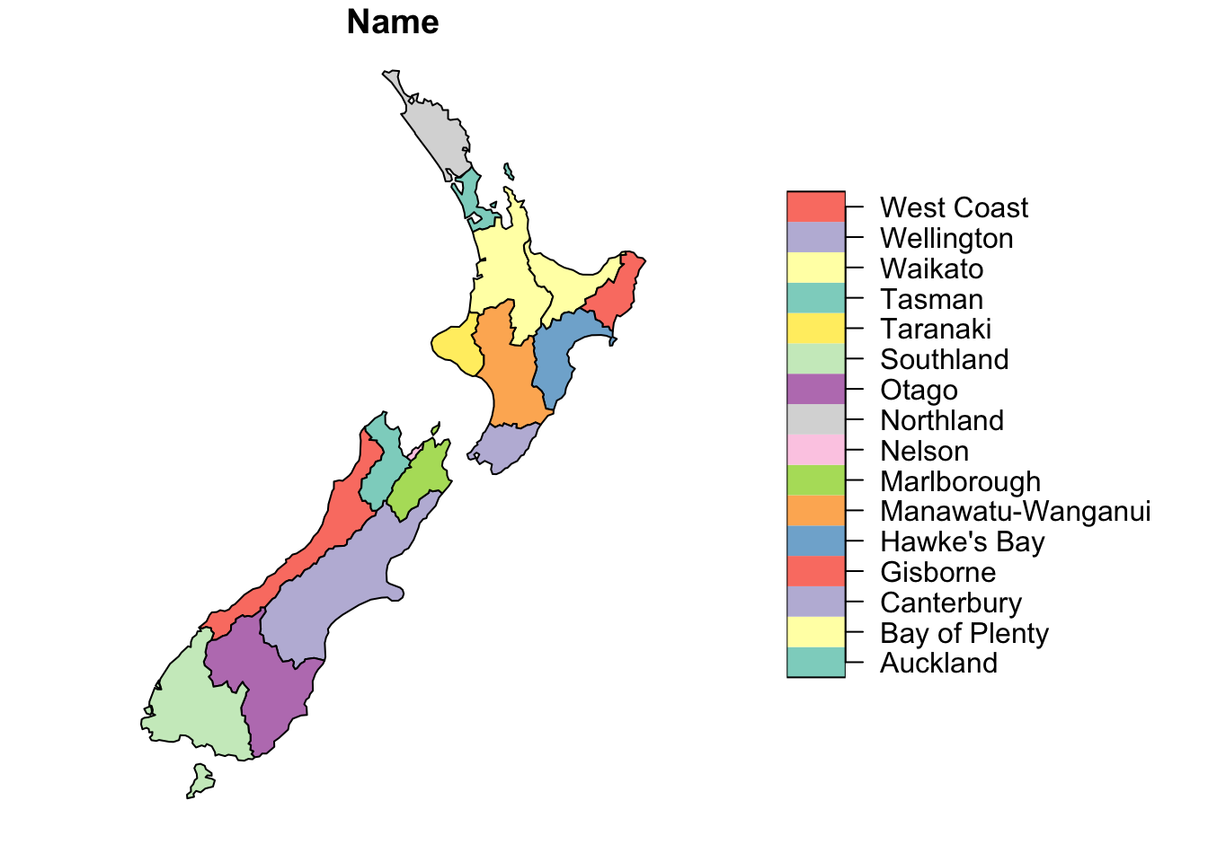 Map of New Zealand regions used to illustrate geometry simplification in spatial data.