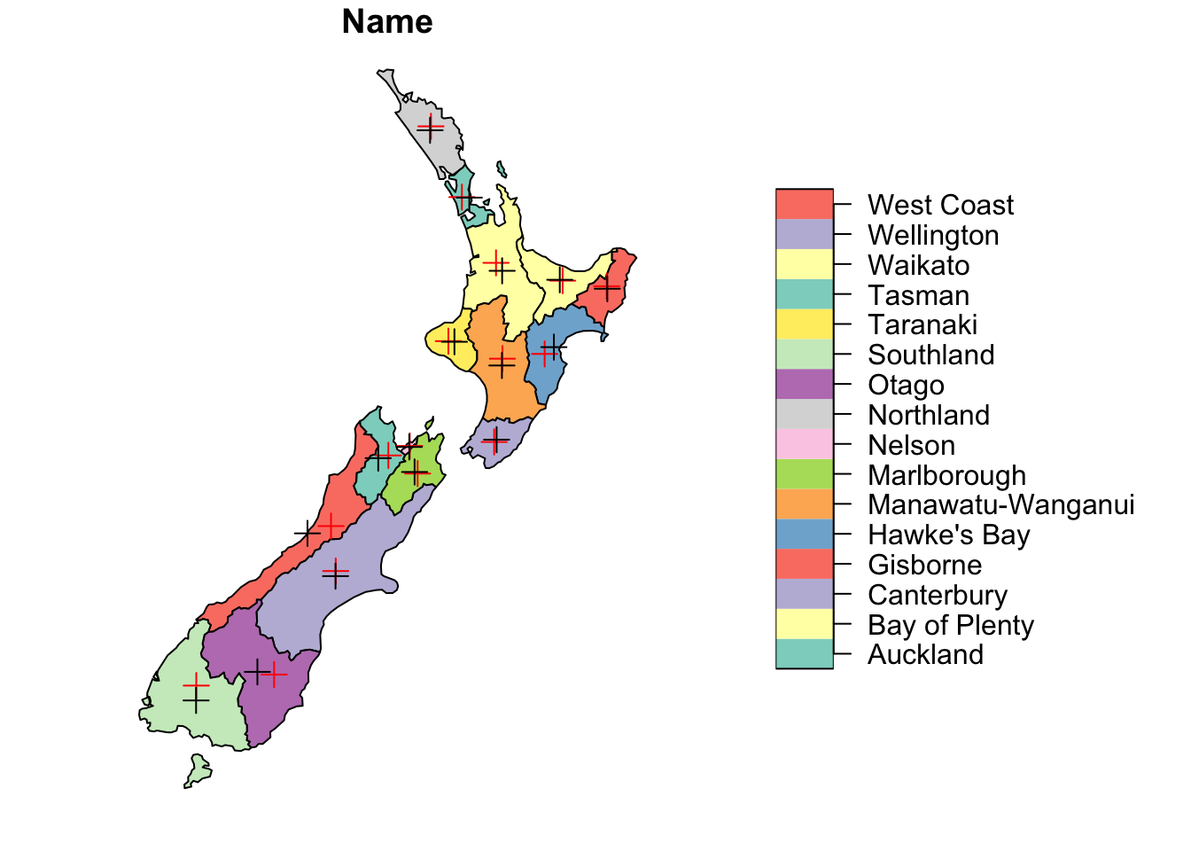 Map of New Zealand regions with red markers indicating centroids for spatial reference or labeling.