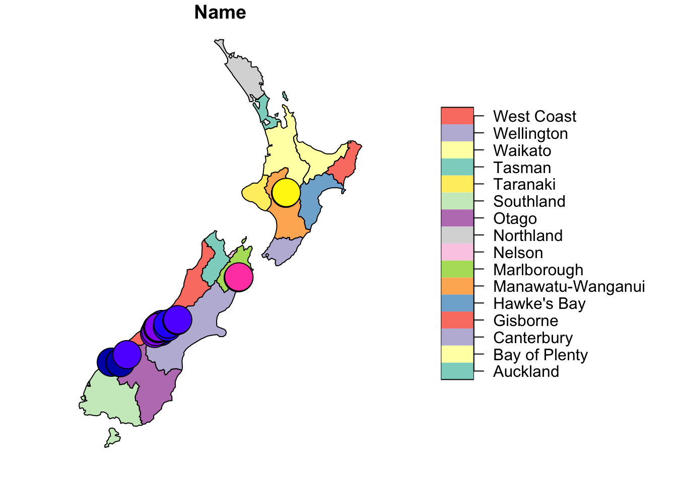 Map of New Zealand regions with 50km buffer zones overlaid around elevation points in multiple areas.