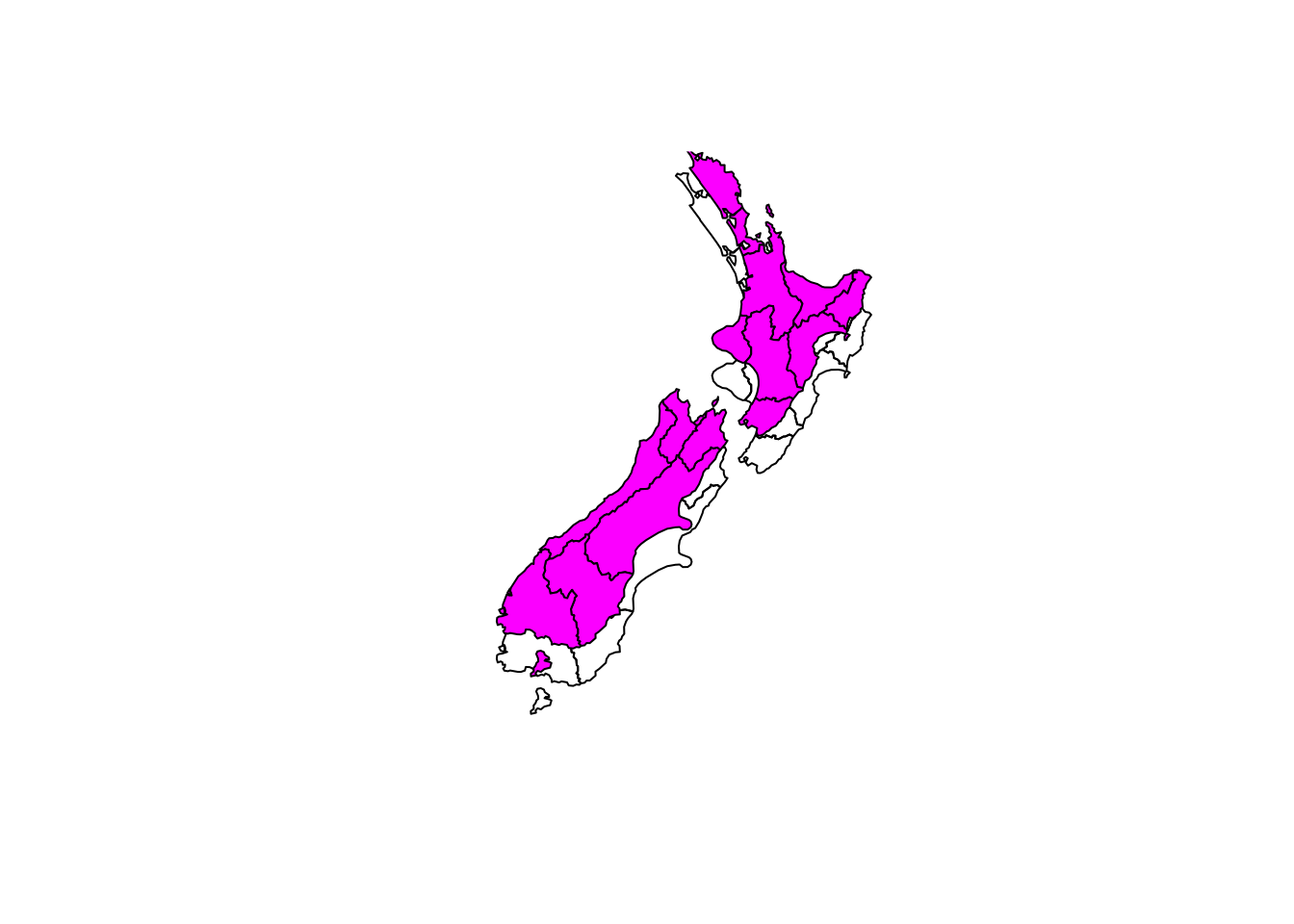 Map of New Zealand with original regions and magenta overlays showing geometries shifted northward.