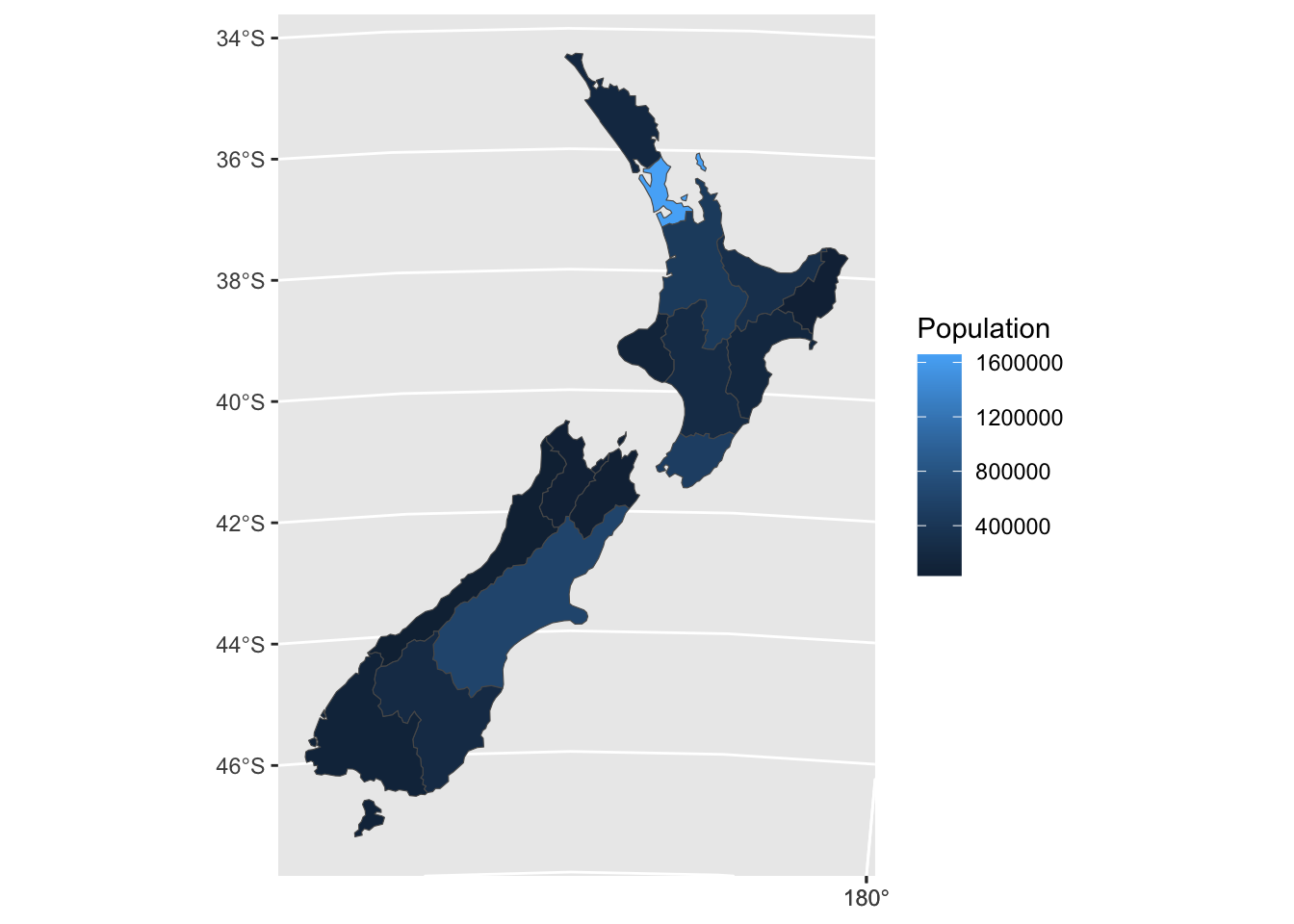 A map of New Zealand with each region shaded according to its population.