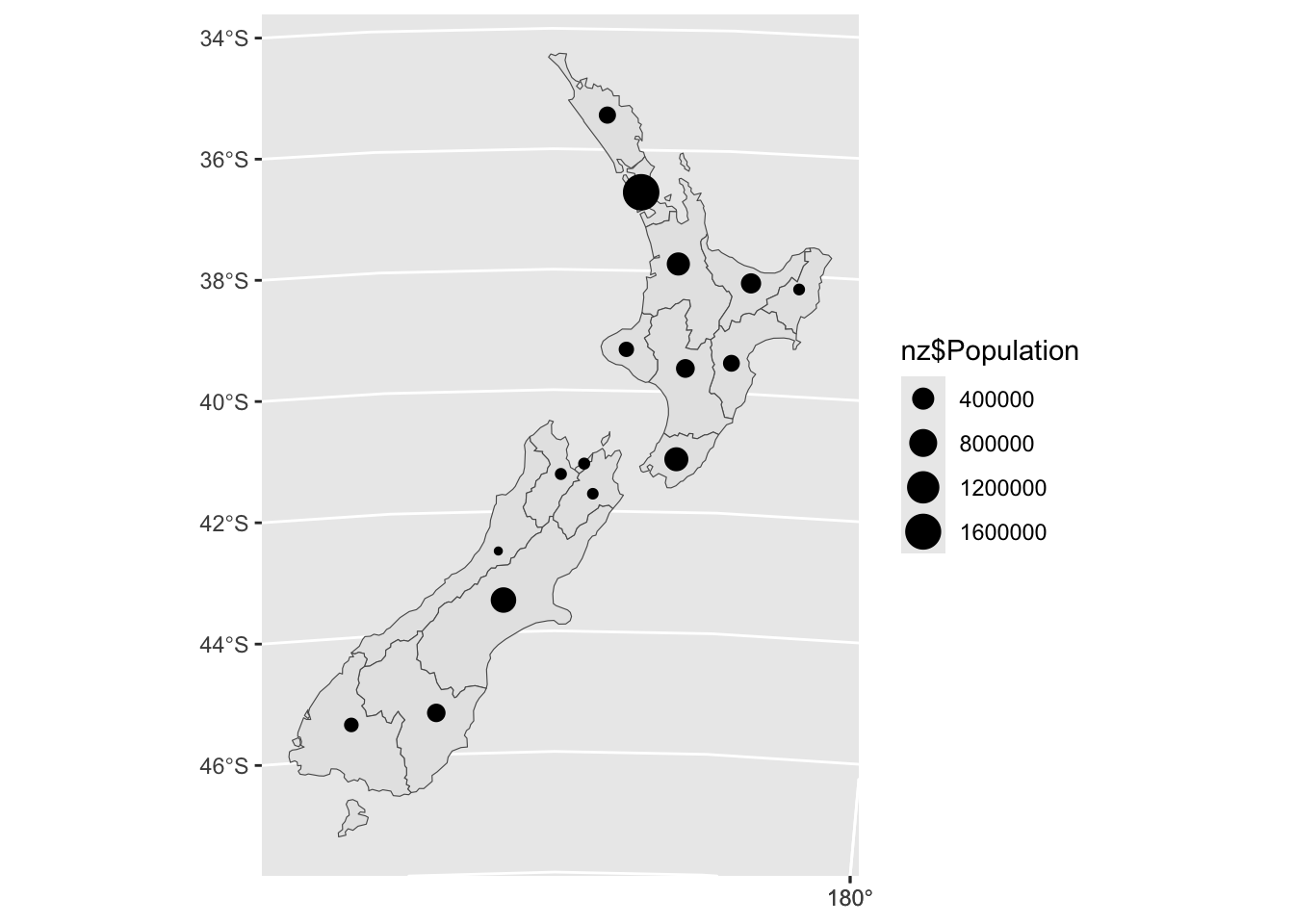 A map of New Zealand with region shapes and overlaid points located inside each region. The size of each point represents the region’s population.