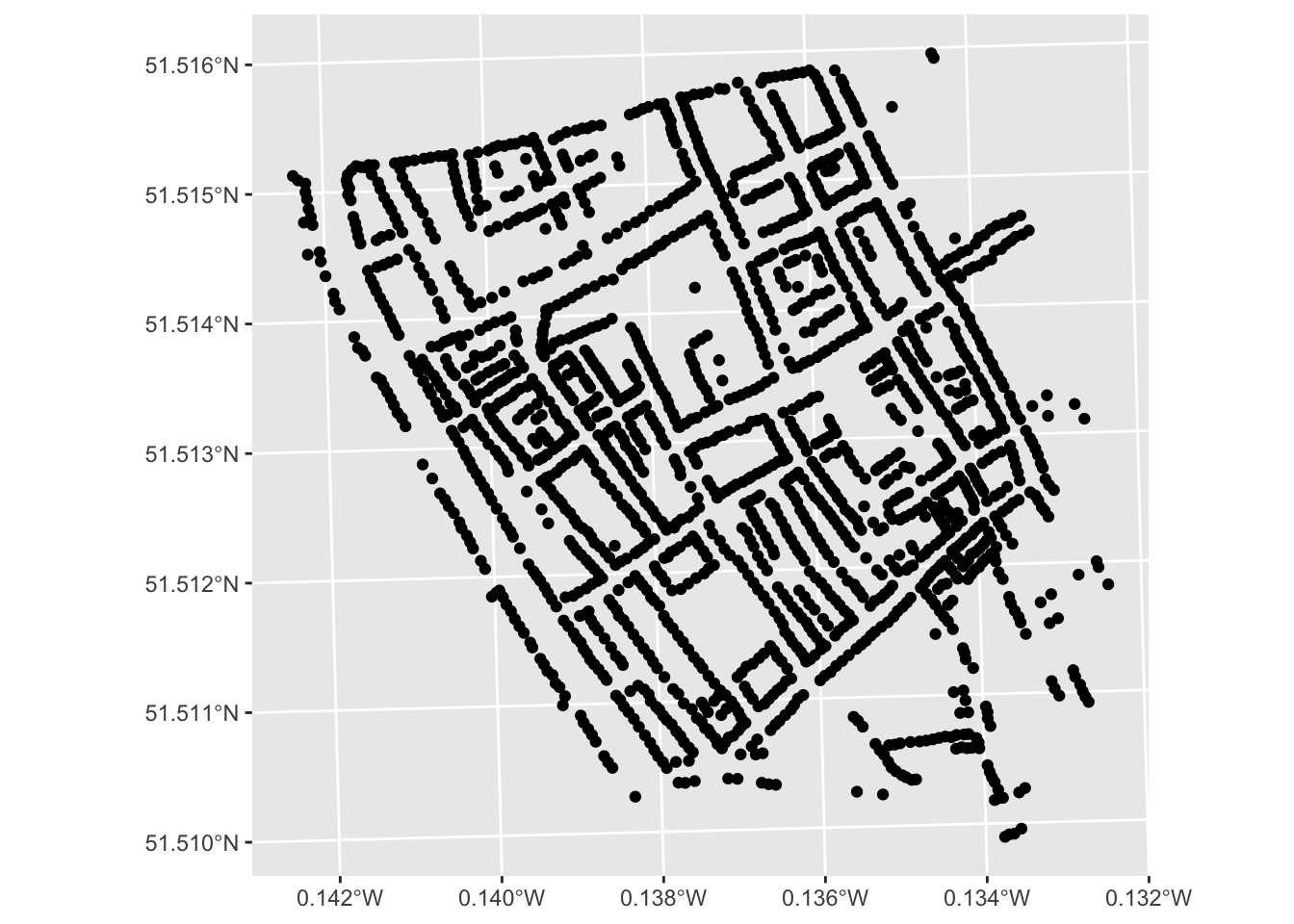 Map showing spatial features of deaths_house dataset plotted with geom_sf