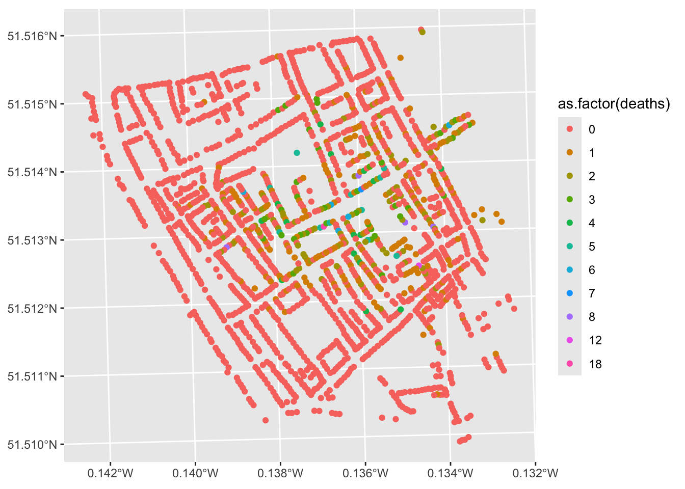 Map showing spatial features of deaths_house dataset with points colored by number of deaths