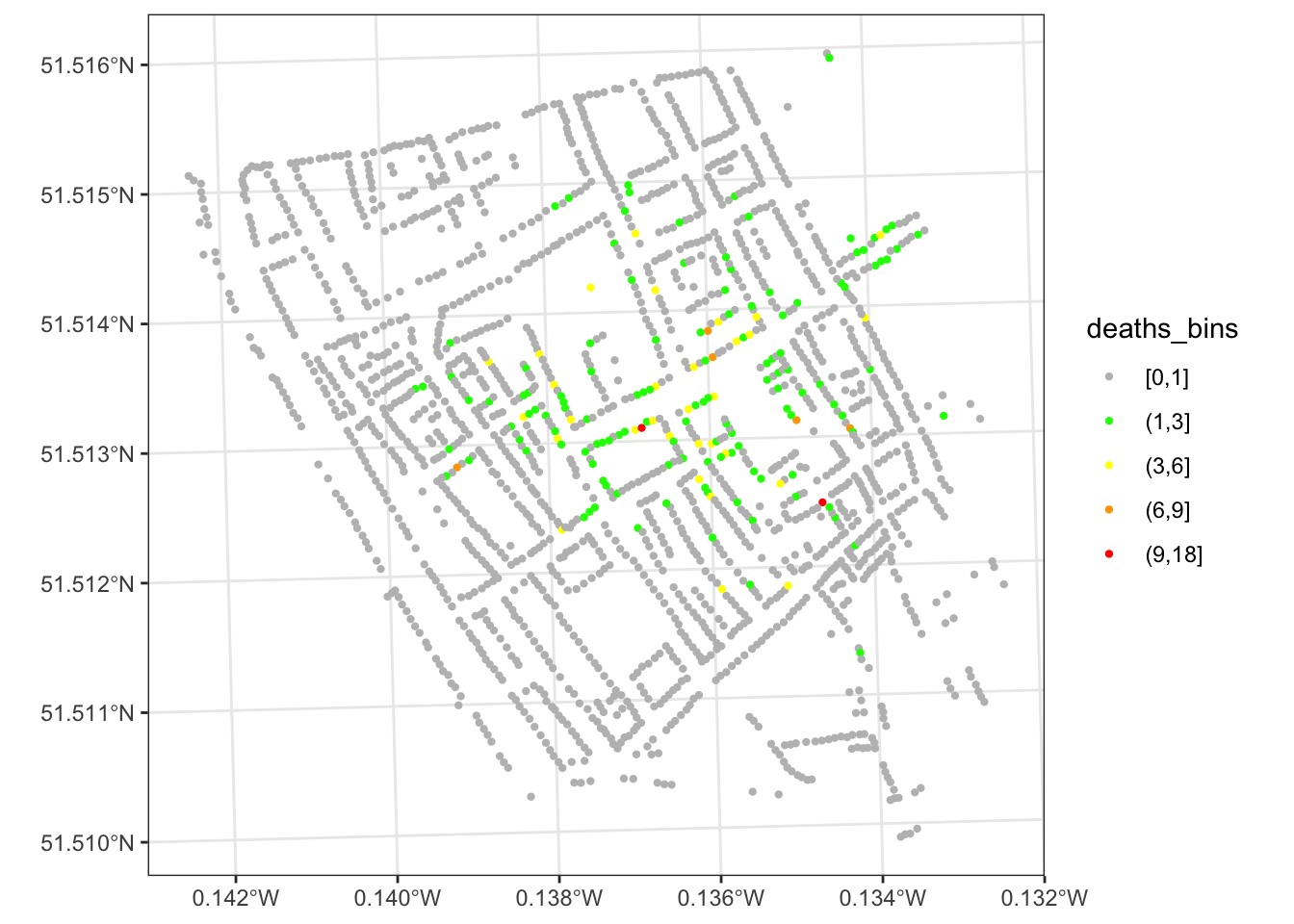 Map showing spatial features of deaths_house dataset with points colored by deaths_bins ranging from 0 to 18 in five color-coded intervals