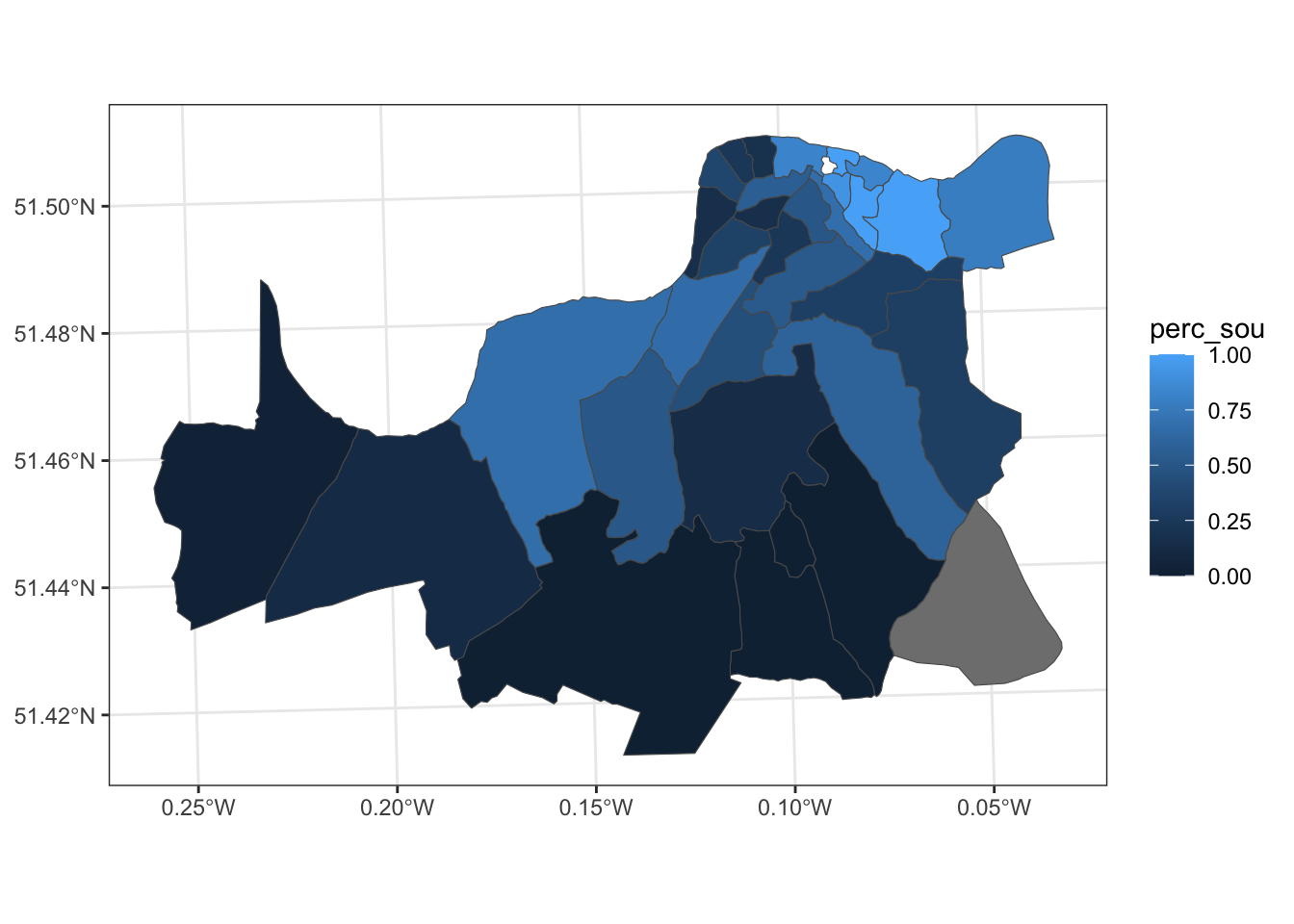 Map showing spatial units in sds dataset filled by perc_sou variable with a blue color scale