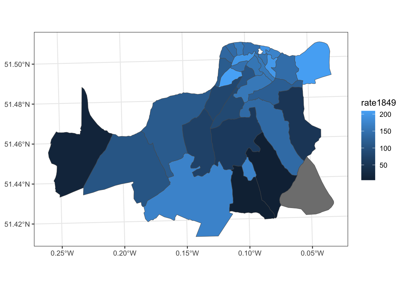 Map showing spatial units in sds dataset filled by rate1849 variable with a blue color scale