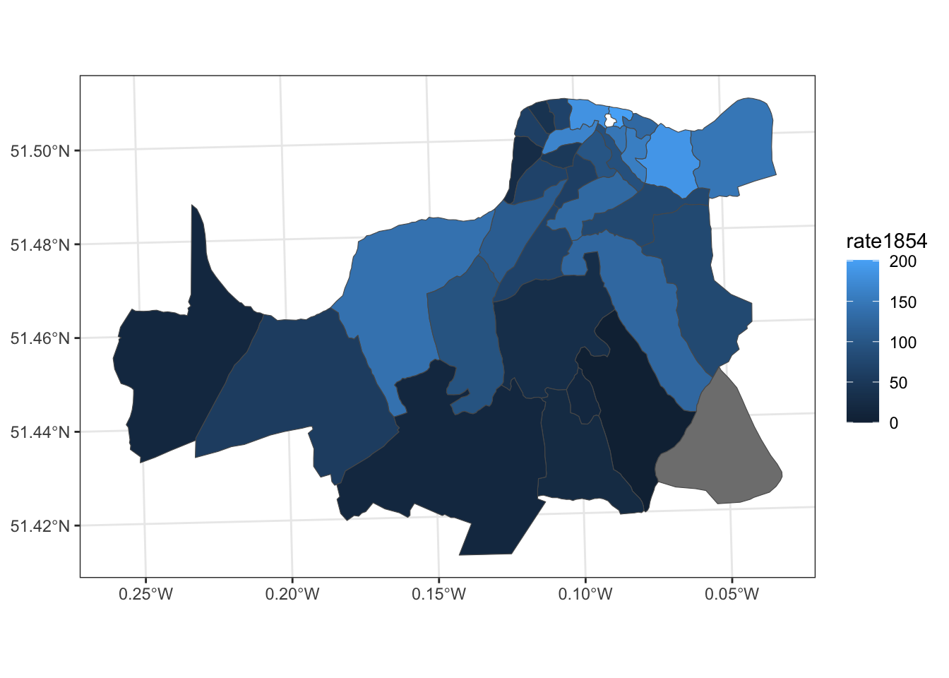 Map showing spatial units in sds dataset filled by rate1854 variable with a blue color scale