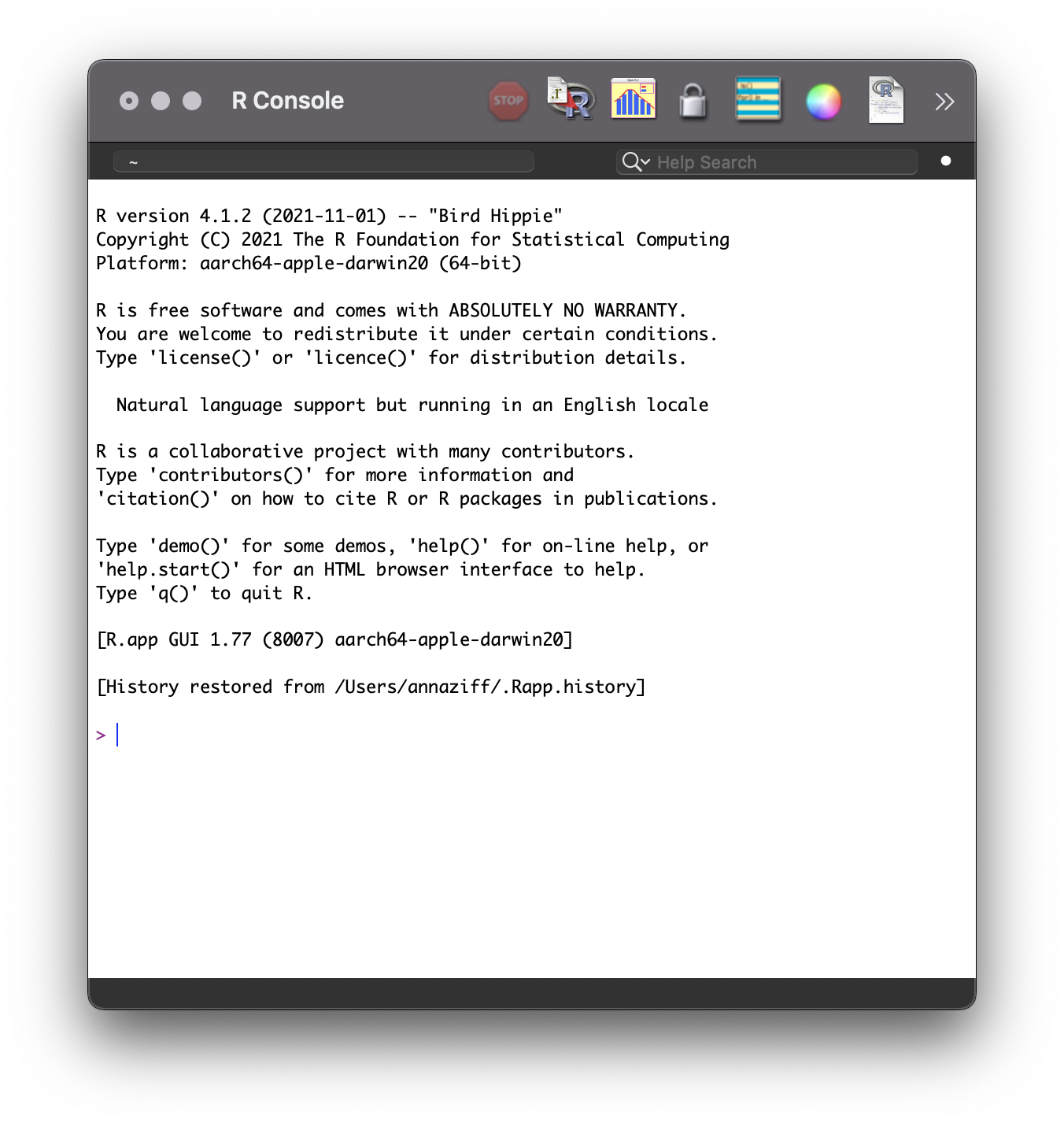 Standalone R Console window displaying version info and a restored command history path.