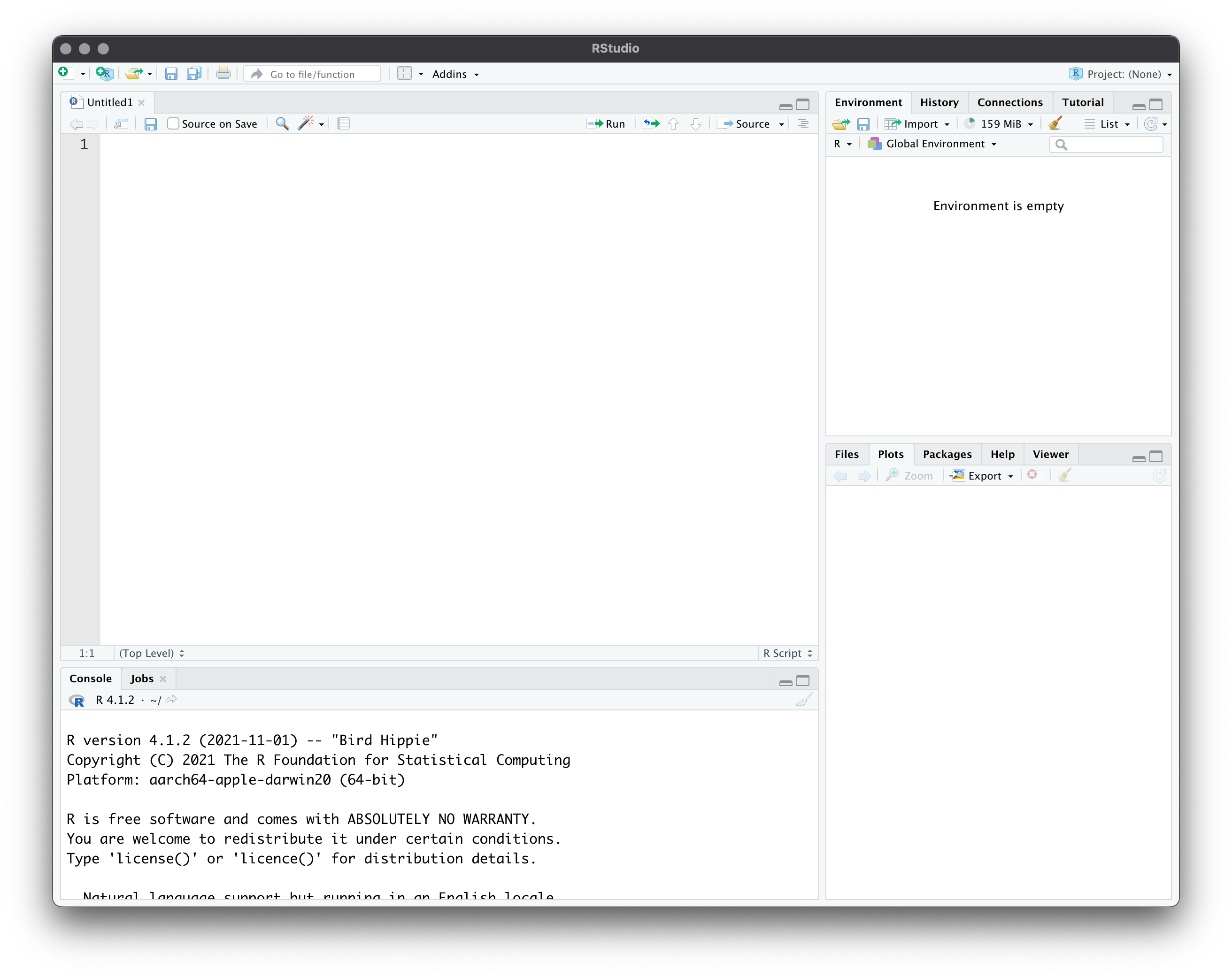 RStudio start-up interface showing an empty script editor, console, and global environment.
