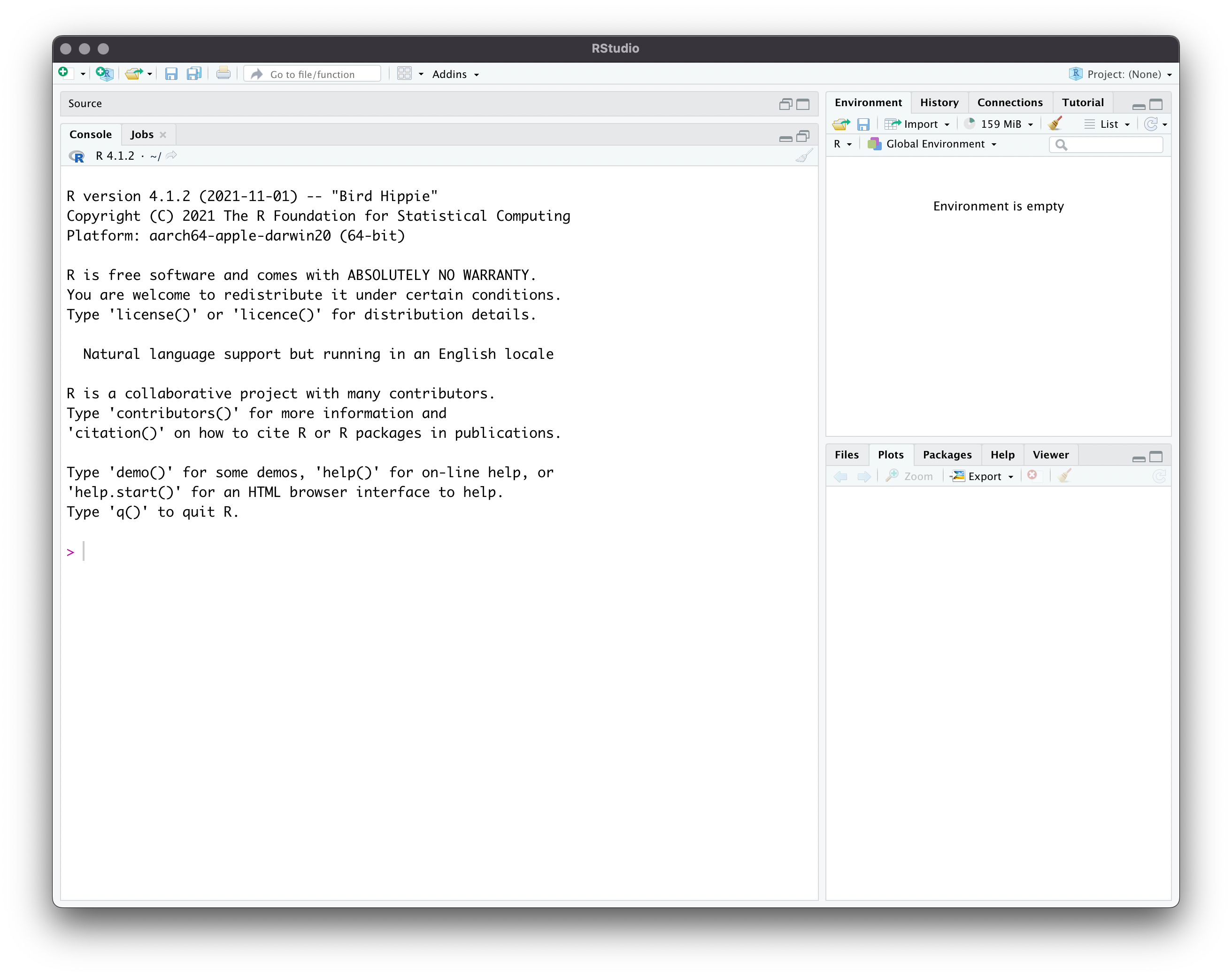 RStudio interface with the console displaying R version info and usage instructions; environment panel is empty.