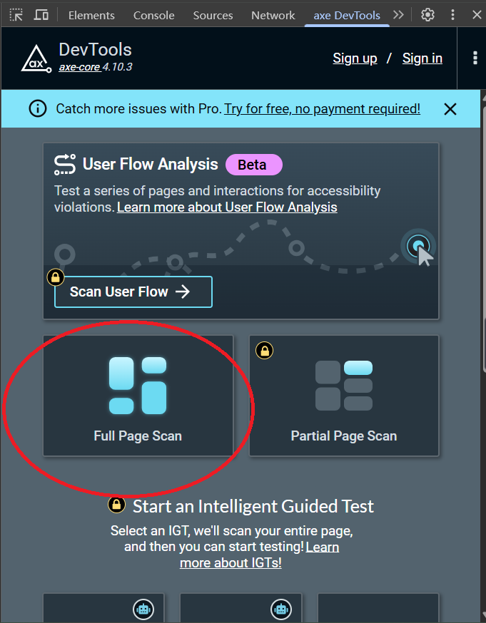 scan full page for accessibility in axe Devtools